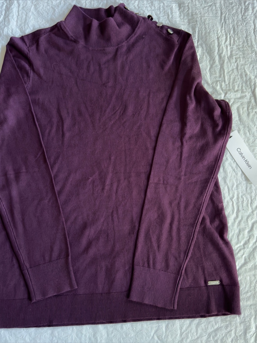 Calvin Klein Lux Plum Mock Neck Button-Shoulder Sweater NWT Size M